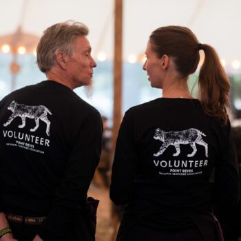 Two people wearing shirts that says Volunteer