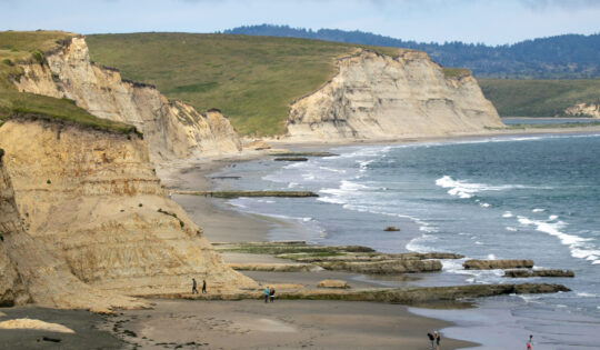A view down the beach with tall coastal bluffs and waves lapping up on the sand.