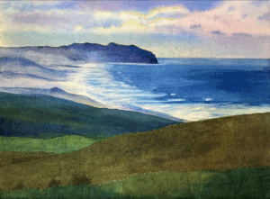 A watercolor painting of a coastline with blue seas, white waves, and green hills.