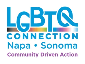 Blue text reading "LGBTQ Connection Napa Sonoma" with a rainbow gradient