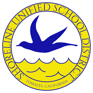 A circle with a blue bird flying over yellow waves. Text encircling reads "Shoreline Unified School District"
