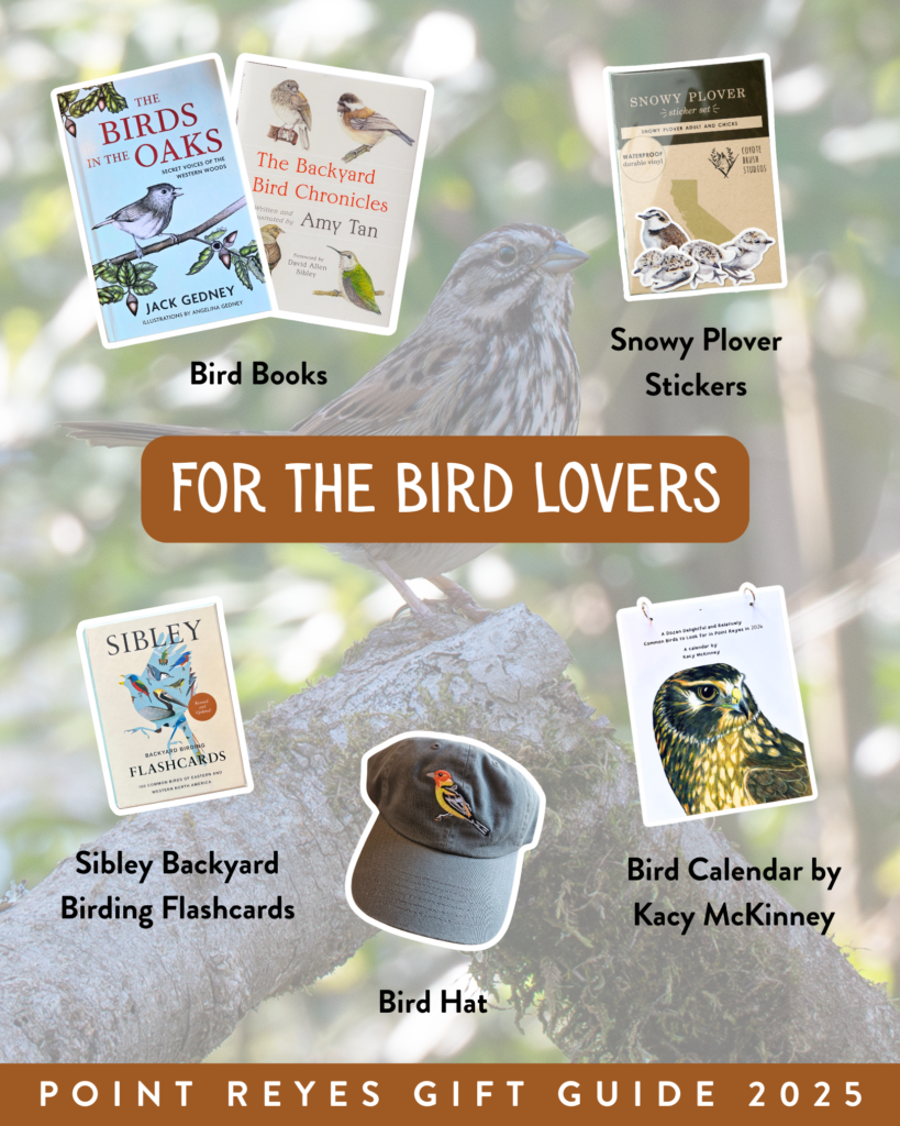 A graphic highlighting products such as books, stickers, a calendar, and a hat. Text reads “For the bird lovers.”