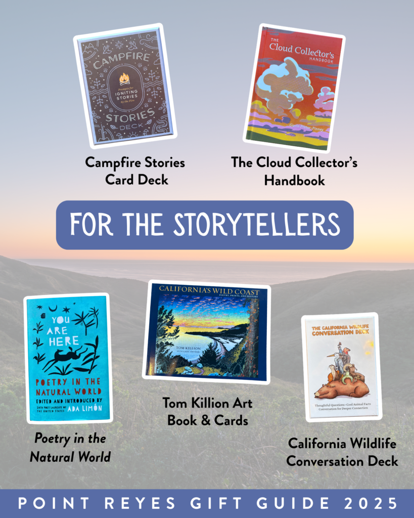 A graphic highlighting products such as a card deck and books. Text reads “for the storytellers.”