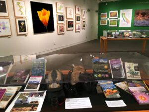 A view of a museum with flower photographs on the walls